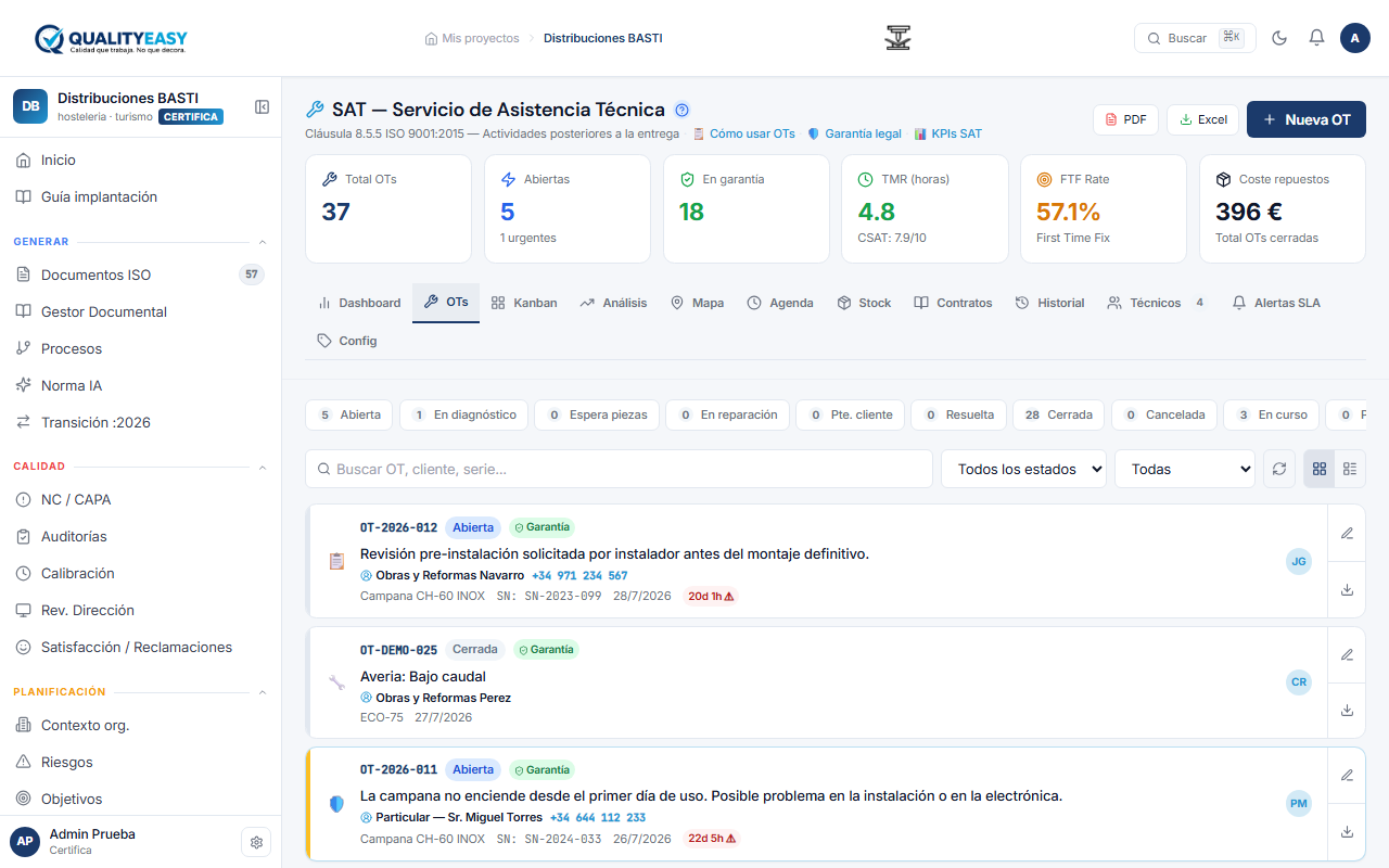Módulo SAT órdenes de trabajo QualityEasy